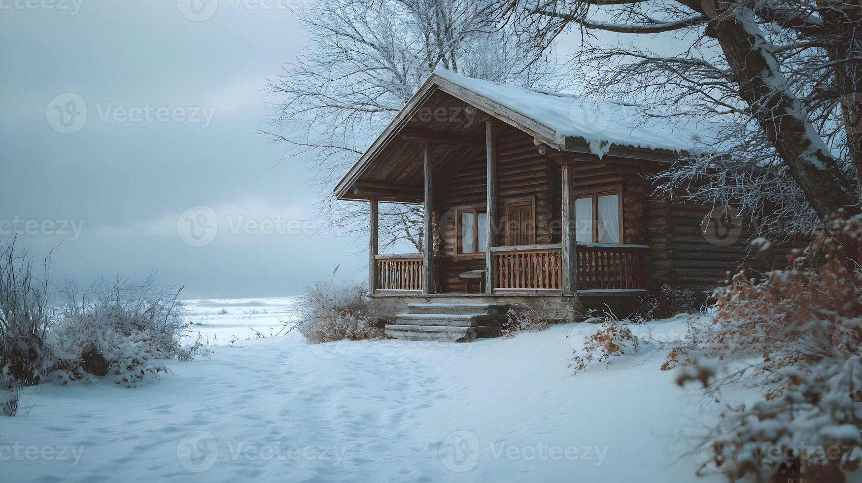 Snowy retreat a charming log cabin nestled by a serene lake in a winter wonderland landscape photo