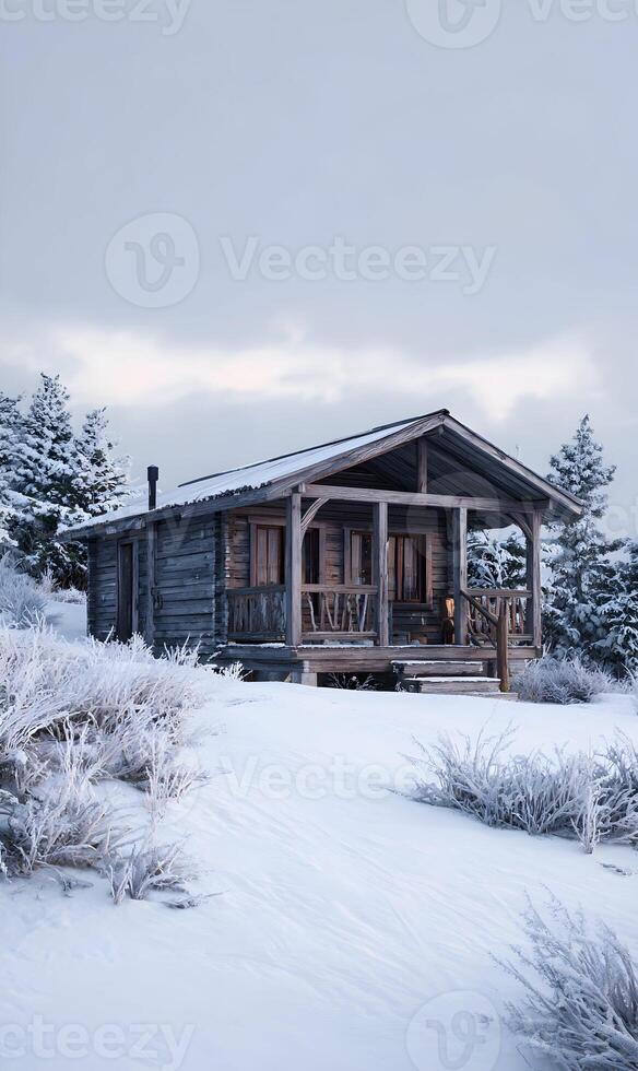 Secluded winter cabin nestled amidst snow covered landscape evoking tranquility and a sense of escape surrounded by evergreens photo