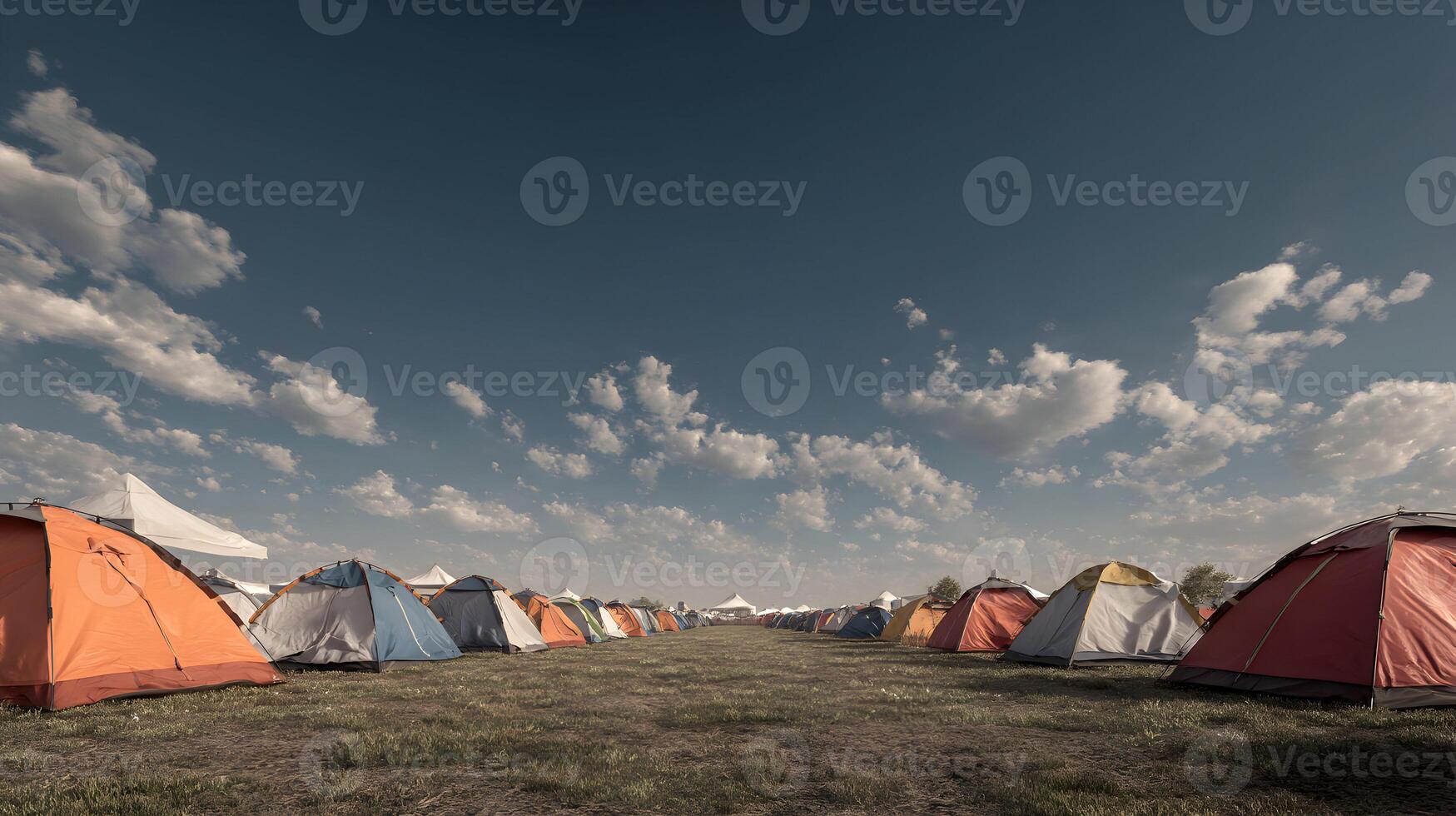 Camping dreams under the open sky a tent city at festival stretching to the horizon line photo