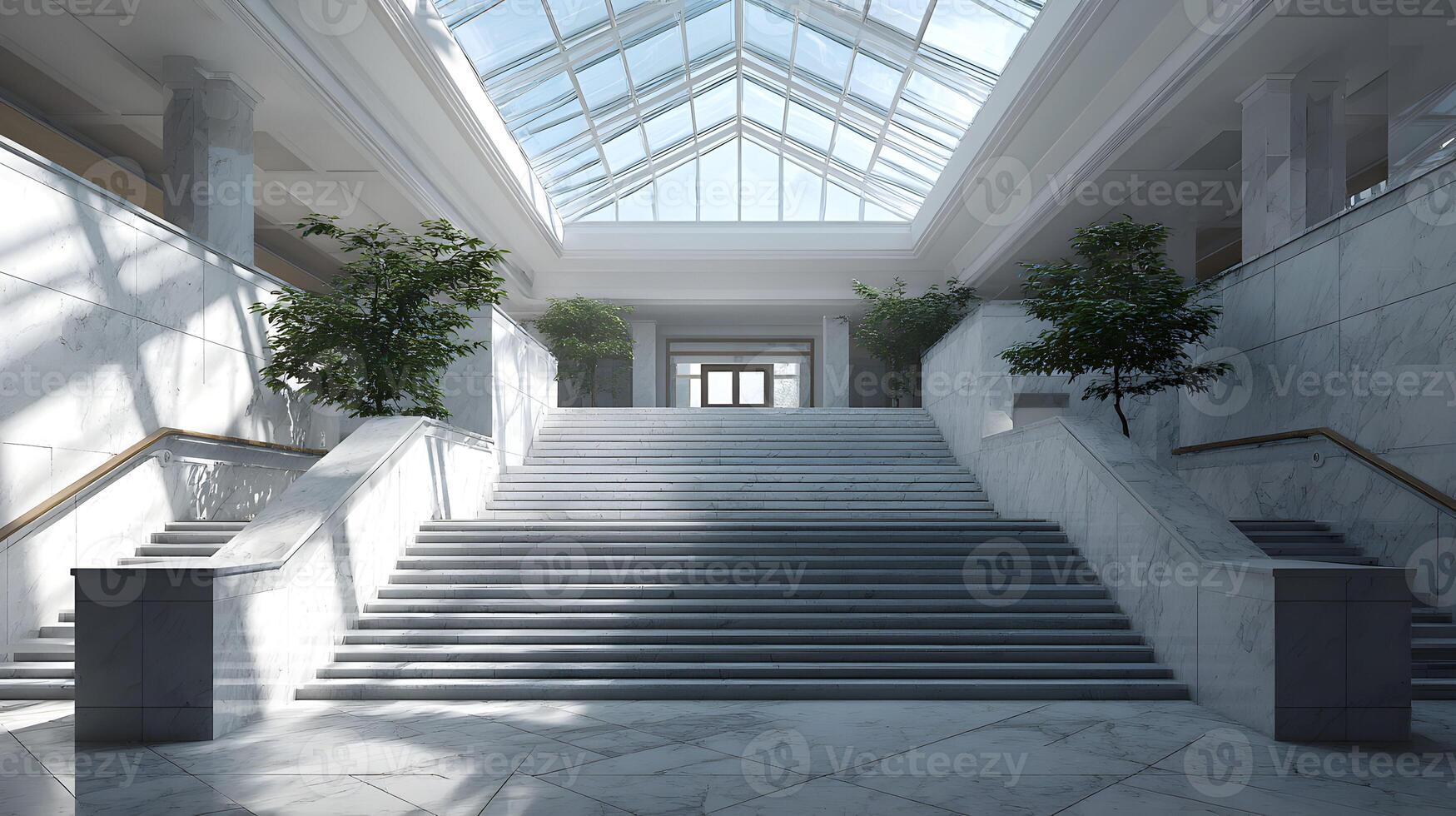 Grand architectural interior with marble staircase leading to a glass roof illuminated entranceway photo