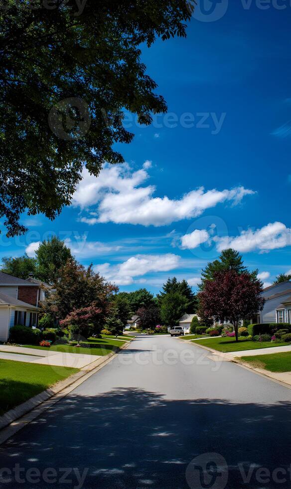 Residential neighborhood with lush green trees and blue skies providing a tranquil and peaceful summer scene photo