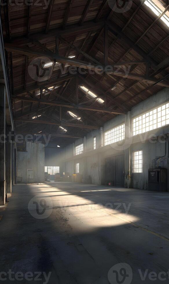 Sunlight streams into a vast empty warehouse space creating an atmosphere of solitude and potential illuminating history photo