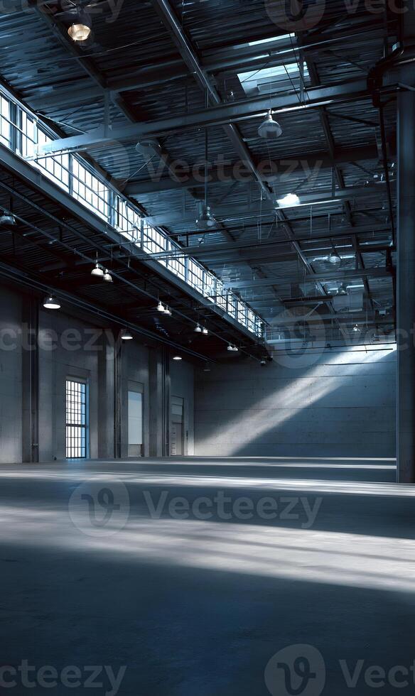 Vast industrial space flooded with light creating an atmosphere of possibility and anticipation open area photo