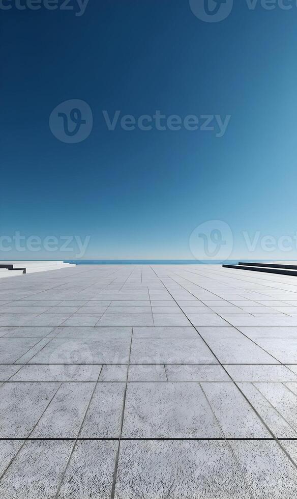 Expansive tiled rooftop terrace under a clear blue sky offering minimalist architecture and serene ocean views photo
