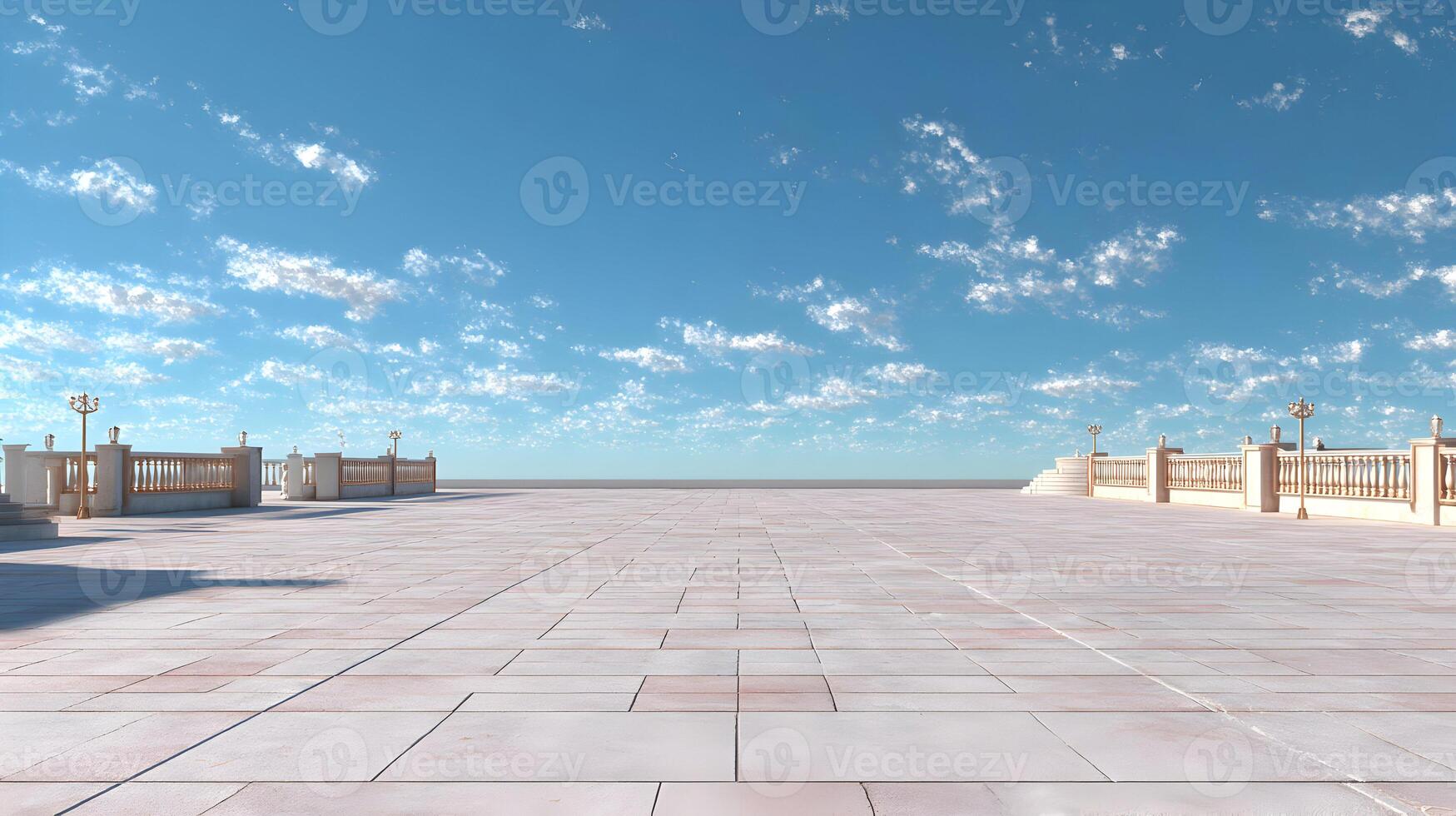 A serene outdoor plaza with a vast expanse of sky overhead and elegant balustrades on each side photo