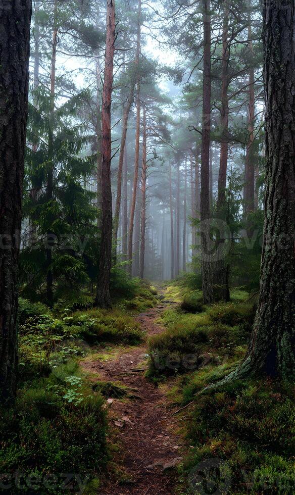 Mystical forest path leading into the mist among tall trees offering a serene natural woodland scene photo