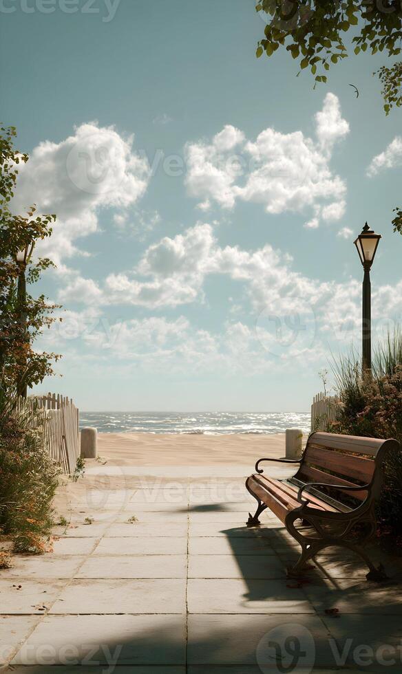 Relaxing stroll to the beach beckons with tranquil pathway bench and inviting view of ocean coast, capturing serene escape photo