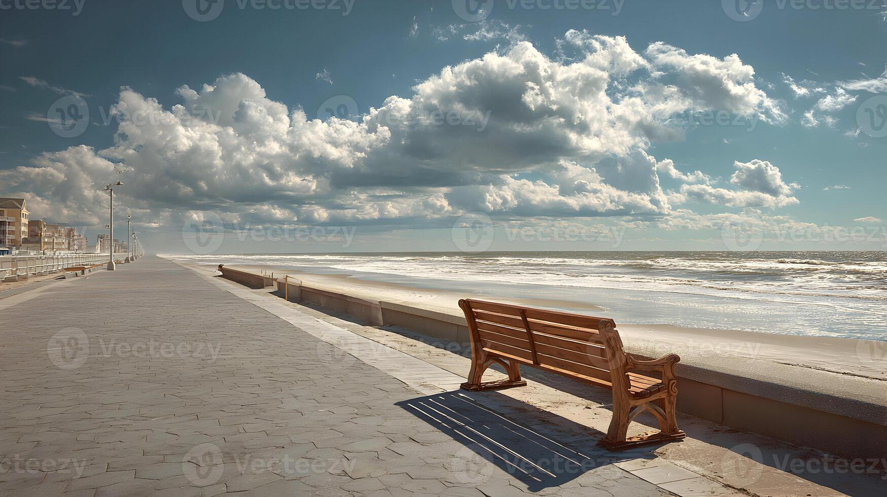 Peaceful ocean view with a wooden bench along the boardwalk offering a serene coastal scene photo