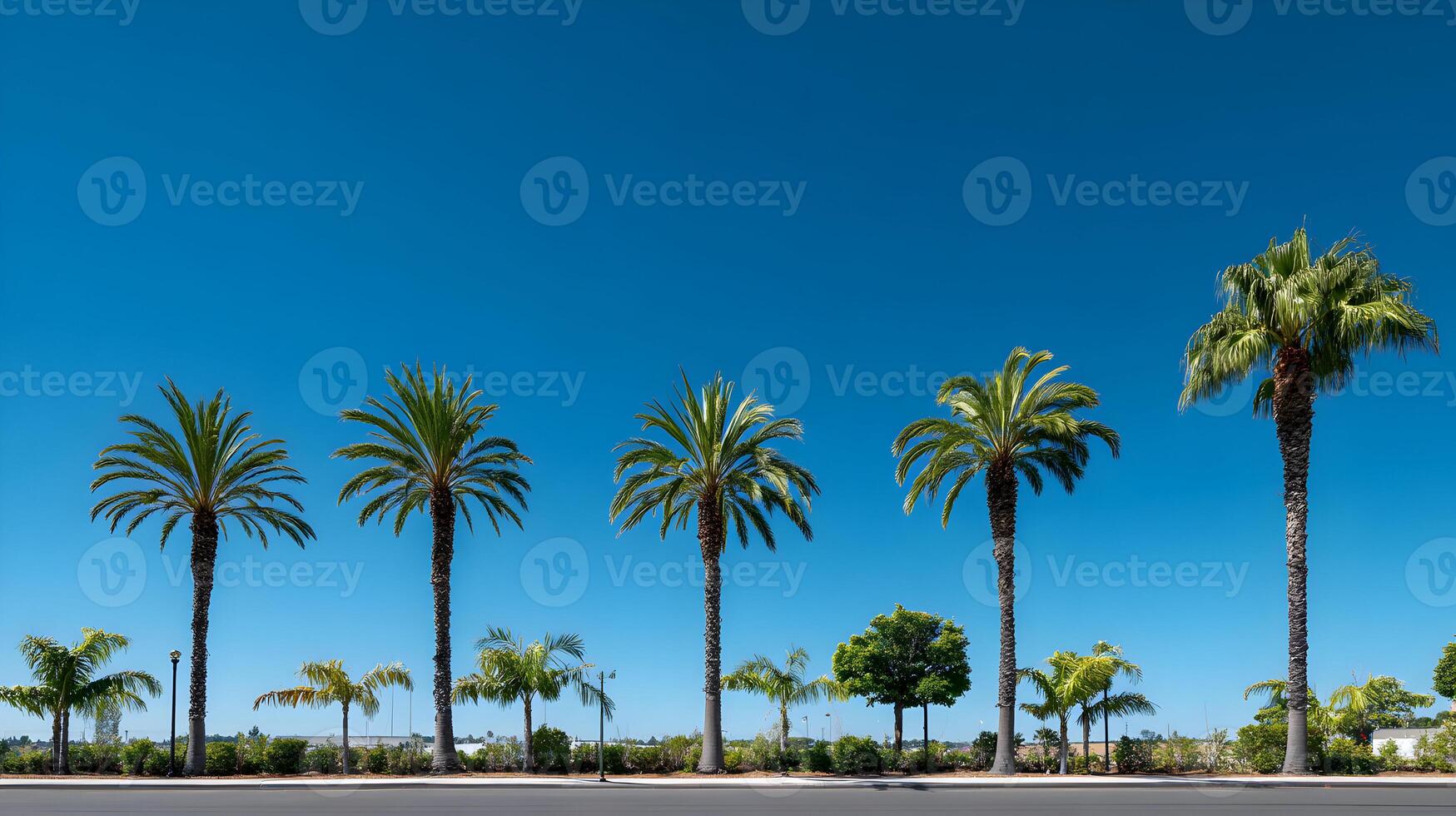 Palm trees stand tall against a clear blue sky showcasing tropical charm and serene landscape beauty photo
