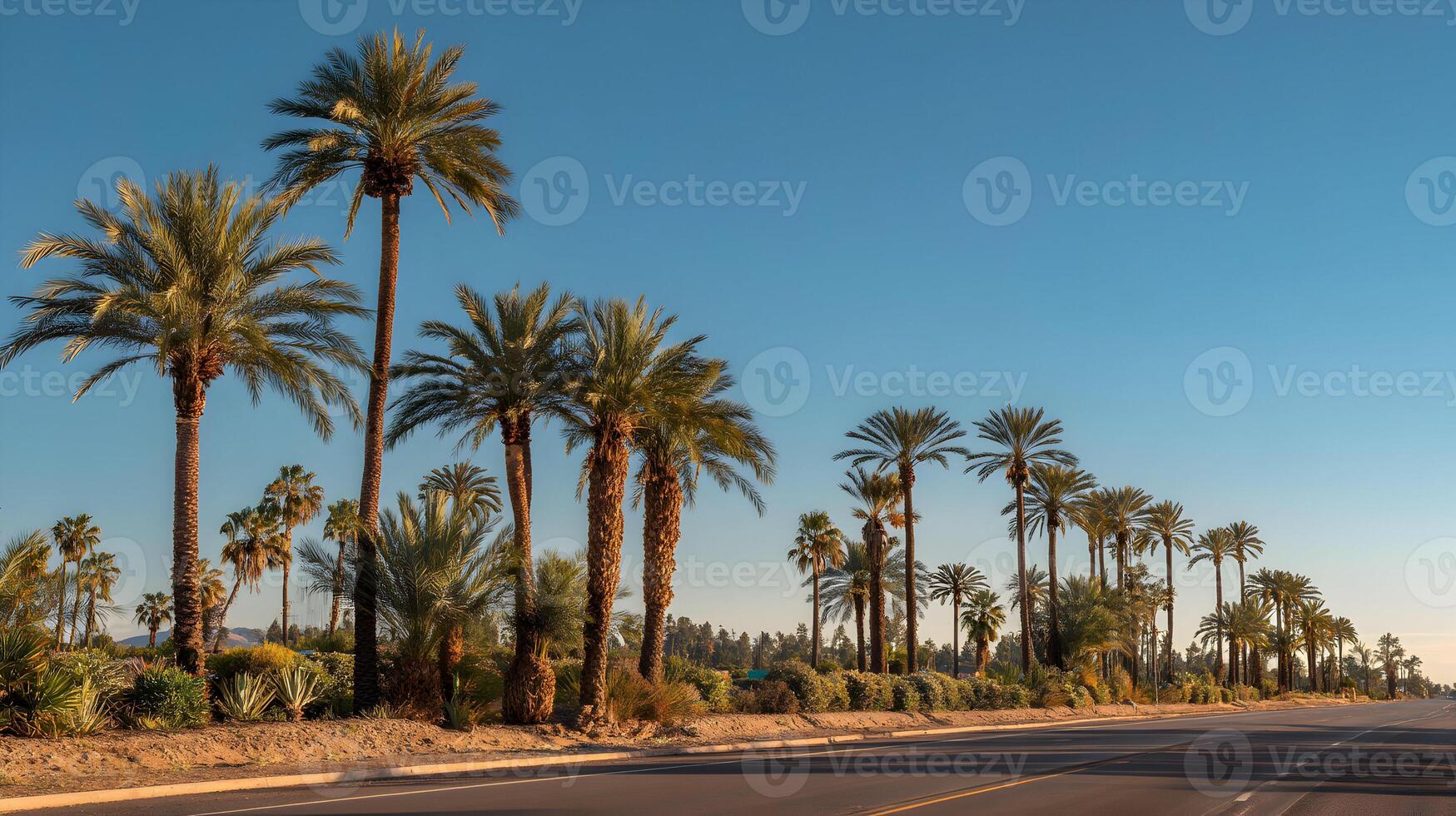 Sunlit Palm Trees Line a Desert Road Under a Clear Blue Sky Offering a Sense of Vacation Serenity photo