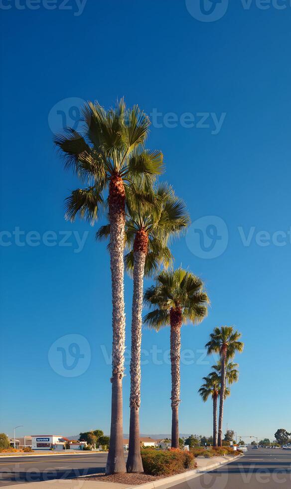 Palm trees silhouette against clear blue sky creating a tropical vibe during a bright sunny day photo