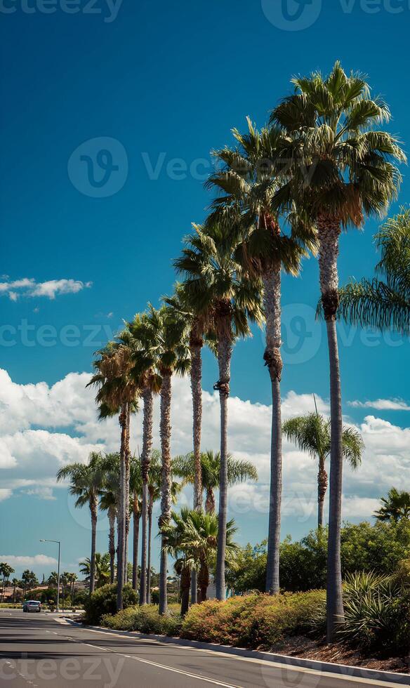 Palm trees stand majestically under a bright blue sky creating a serene tropical paradise atmosphere ideal for vacation travel photo