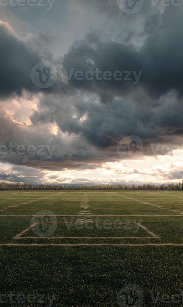 Dramatic sky over empty green field suggests anticipation of an event or a peaceful natural landscape photo