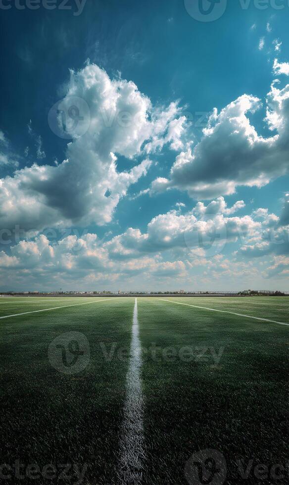 Infinite expanse a mesmerizing view of a field stretching towards the horizon beneath a vibrant sky filled with clouds photo