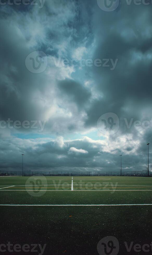 Dramatic sky over a freshly marked athletic field evokes feelings of anticipation and determination for competition photo