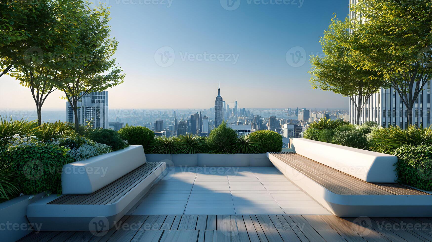 Rooftop serenity a peaceful oasis in the city with lush greenery and panoramic cityscape views unfolds under a clear sky photo