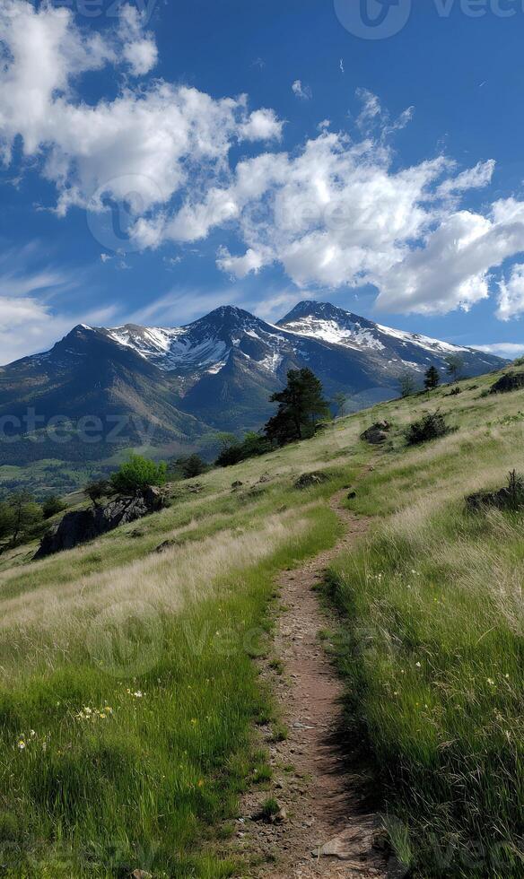 Pathway leading to majestic snow capped mountains under a vibrant blue sky with fluffy white clouds scenic trail adventure photo