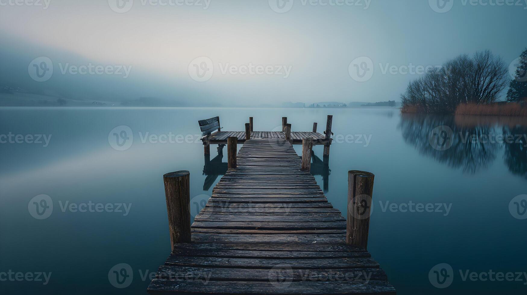 Misty lake with wooden pier and a bench invites to contemplation and relaxation in nature photo
