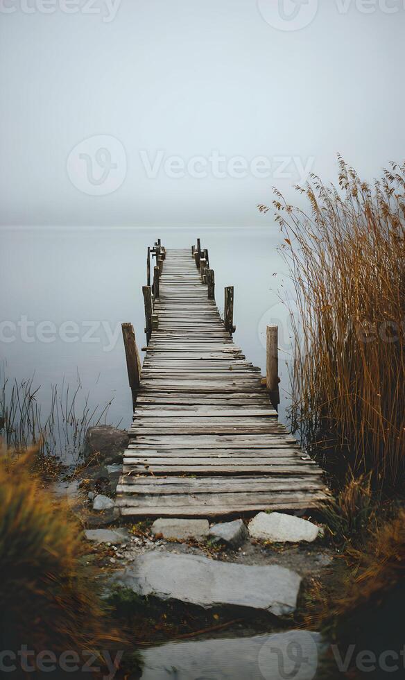 Serene waters beckon along a weathered wooden pier on a misty morning where tranquility reigns supreme and time stands still photo