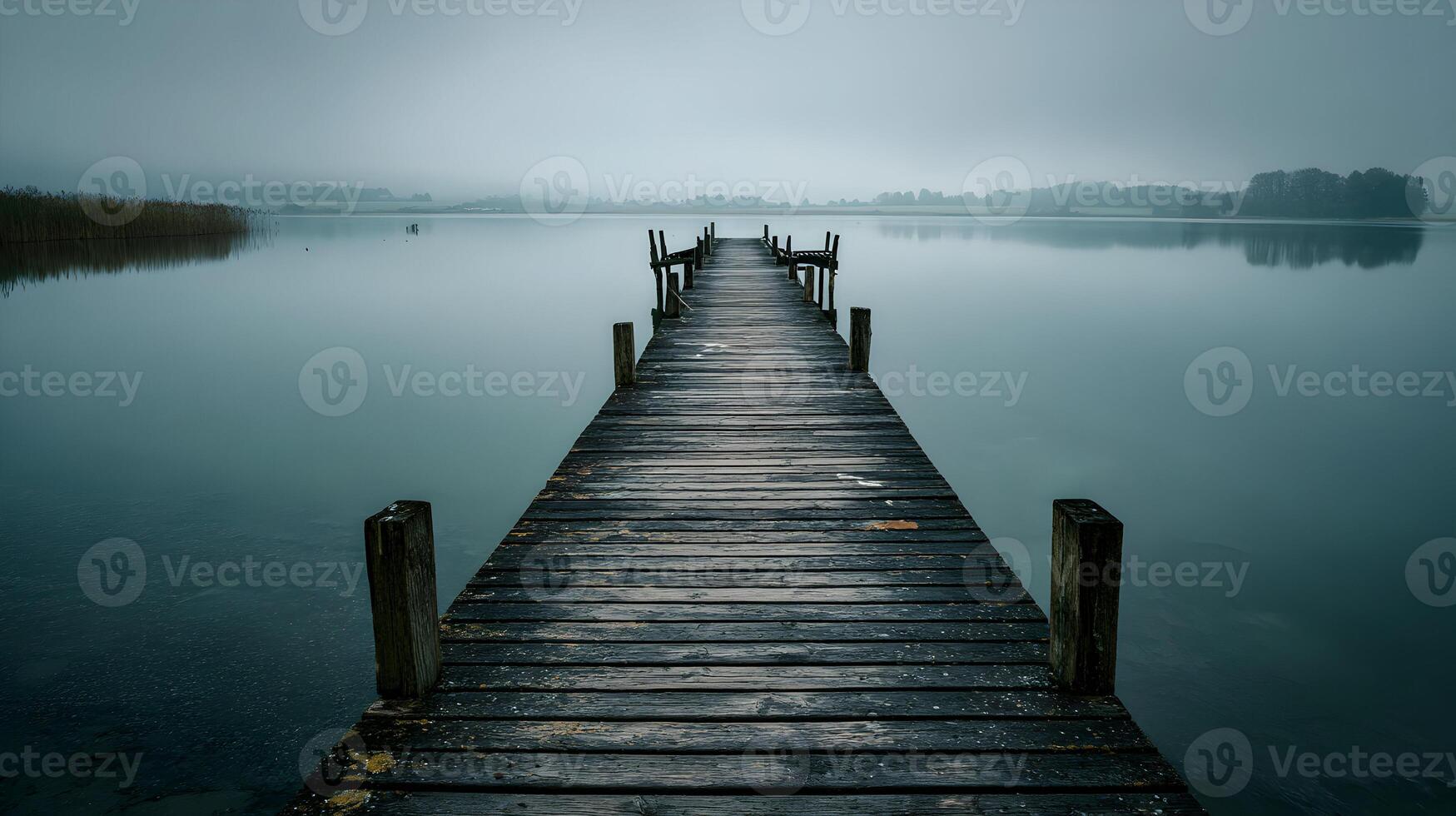 Misty morning solitude wooden pier stretches into the calm lake water with serene landscape background photo