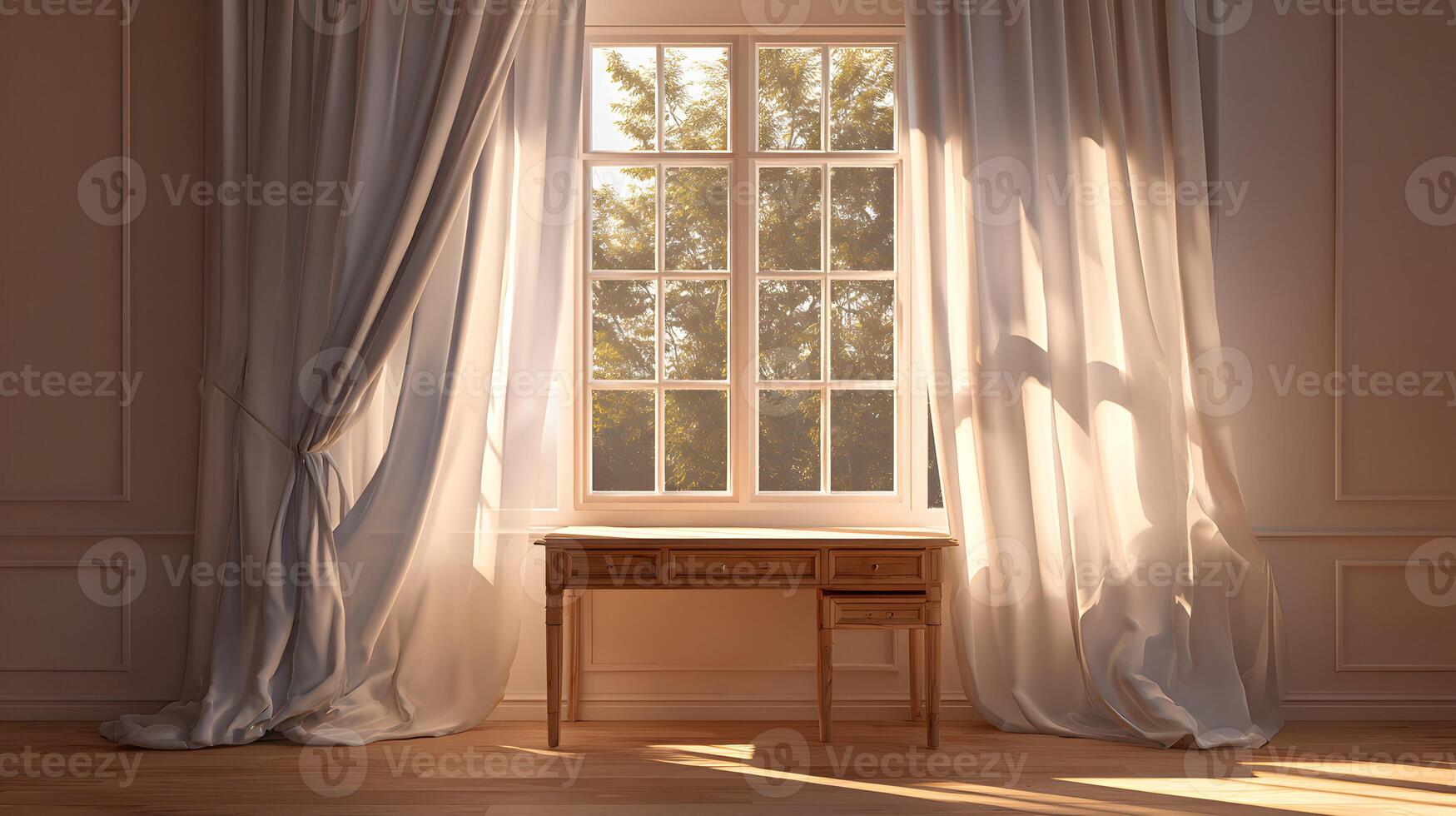 Sunlit window with sheer curtains framing a wooden desk creating a peaceful and bright interior space photo