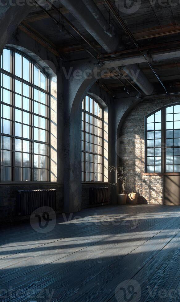 Sunlight streams through arched windows illuminating the cavernous industrial space with vintage architectural details creating atmosphere photo