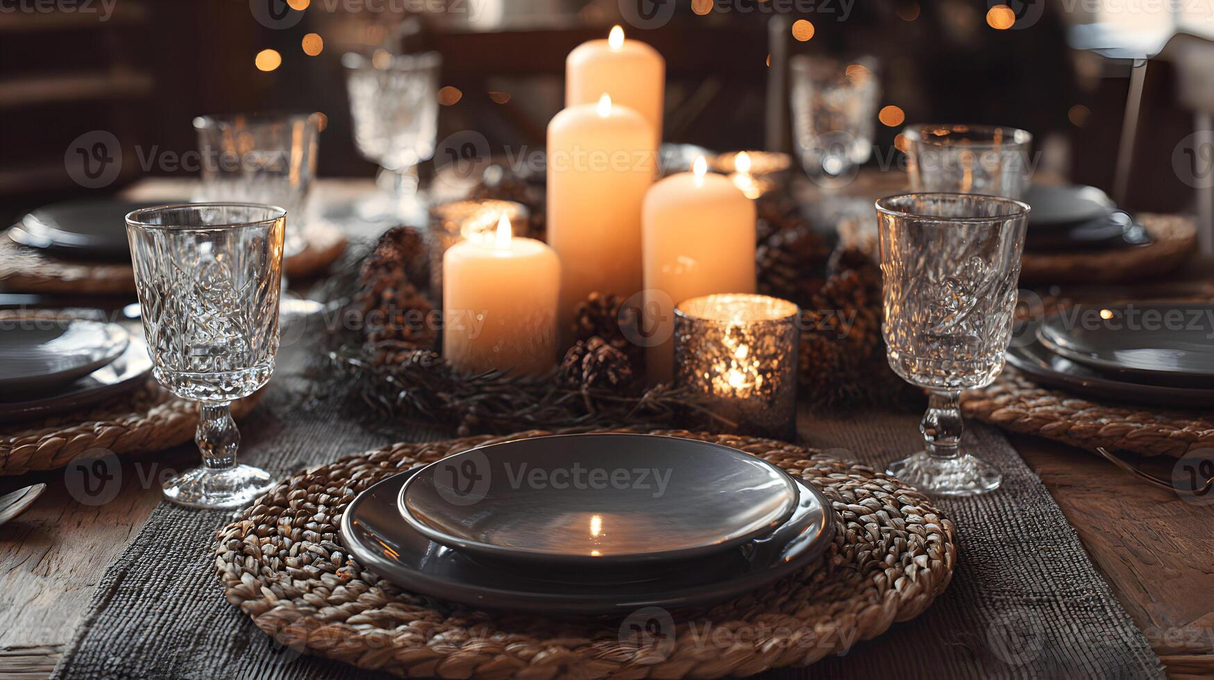Elegantly set dining table with candles pinecones and beautiful glassware creating a warm ambiance for a festive gathering photo