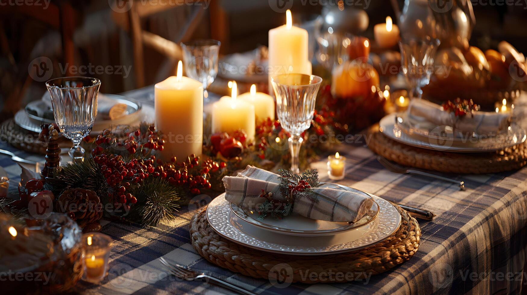Holiday dinner table setting illuminated by candles creating a warm and inviting atmosphere for festive gatherings photo