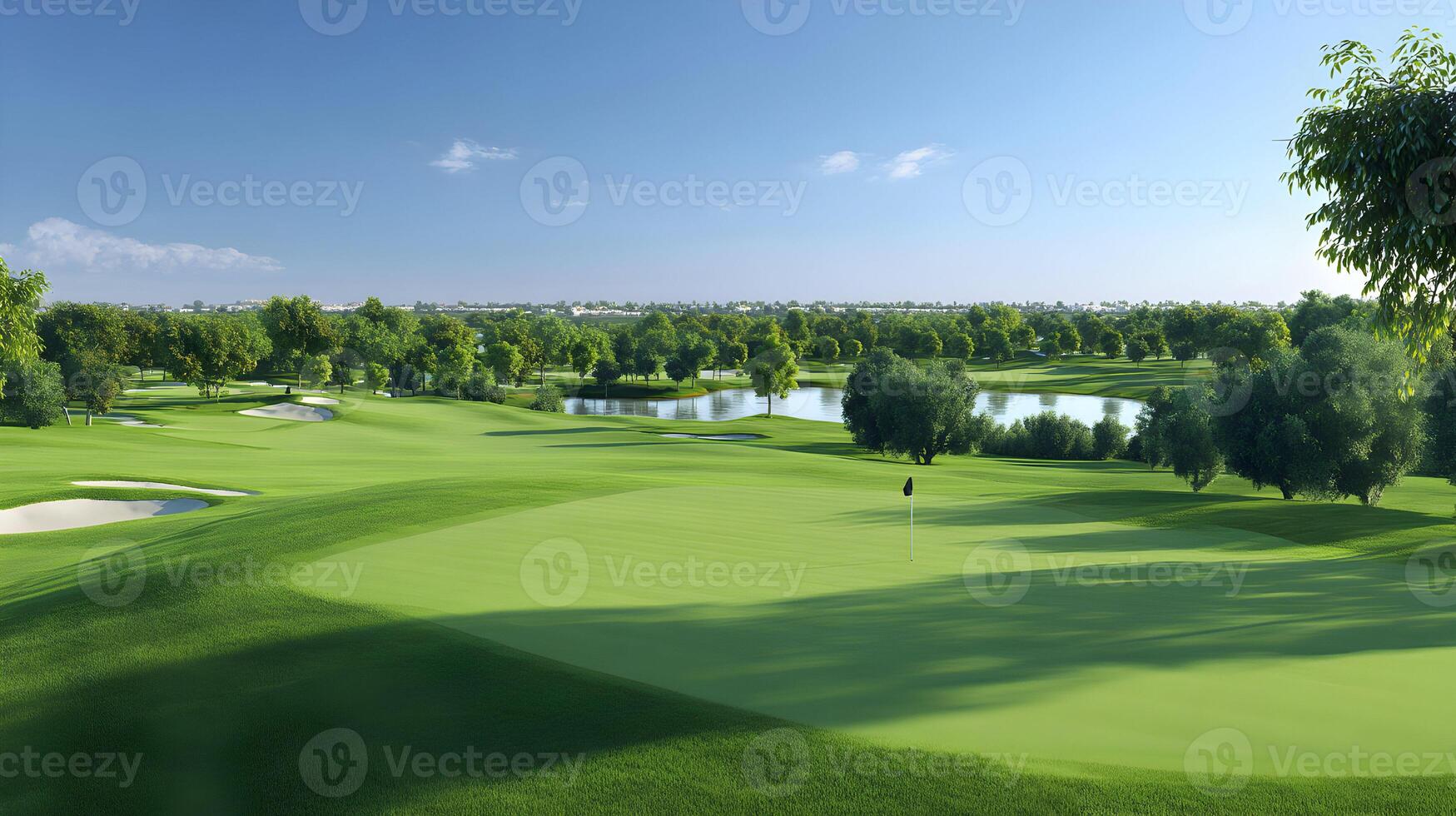 Scenic golf course landscape offering lush green fairways and serene water hazards under a clear sky photo