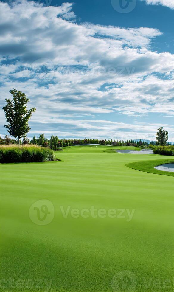 Panoramic view of a lush green golf course with bright blue sky and fluffy clouds offering serenity and challenge photo