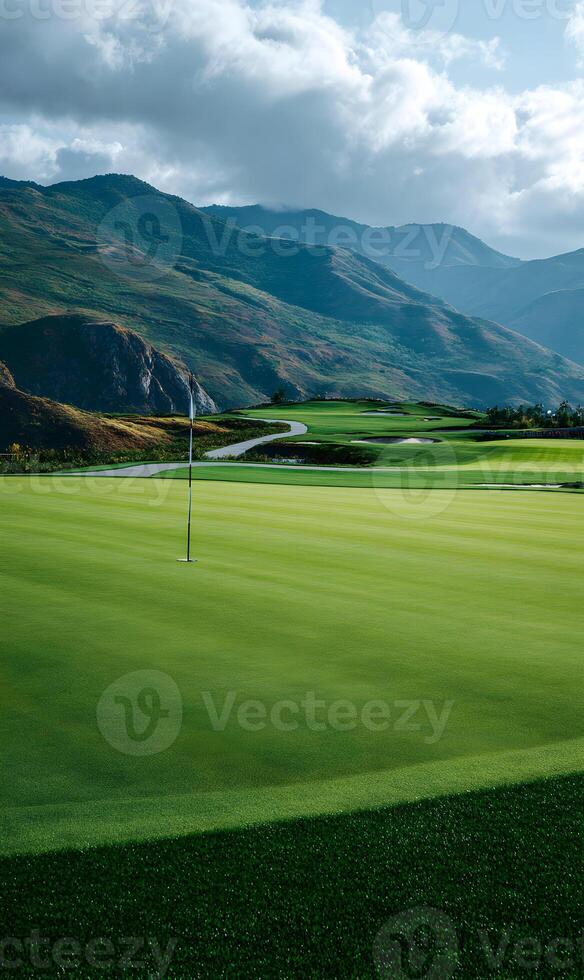 Panoramic vista of a perfectly manicured golf course nestled amongst majestic mountains and cloudy sky photo