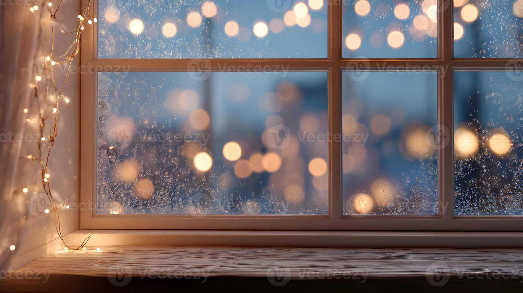 Cozy winter scene with window lights and snowy background creating a warm holiday atmosphere photo