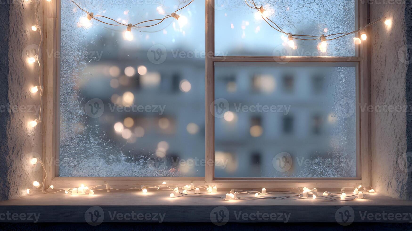 Winter window scene with frosted glass and festive string lights creating a cozy atmosphere indoors photo