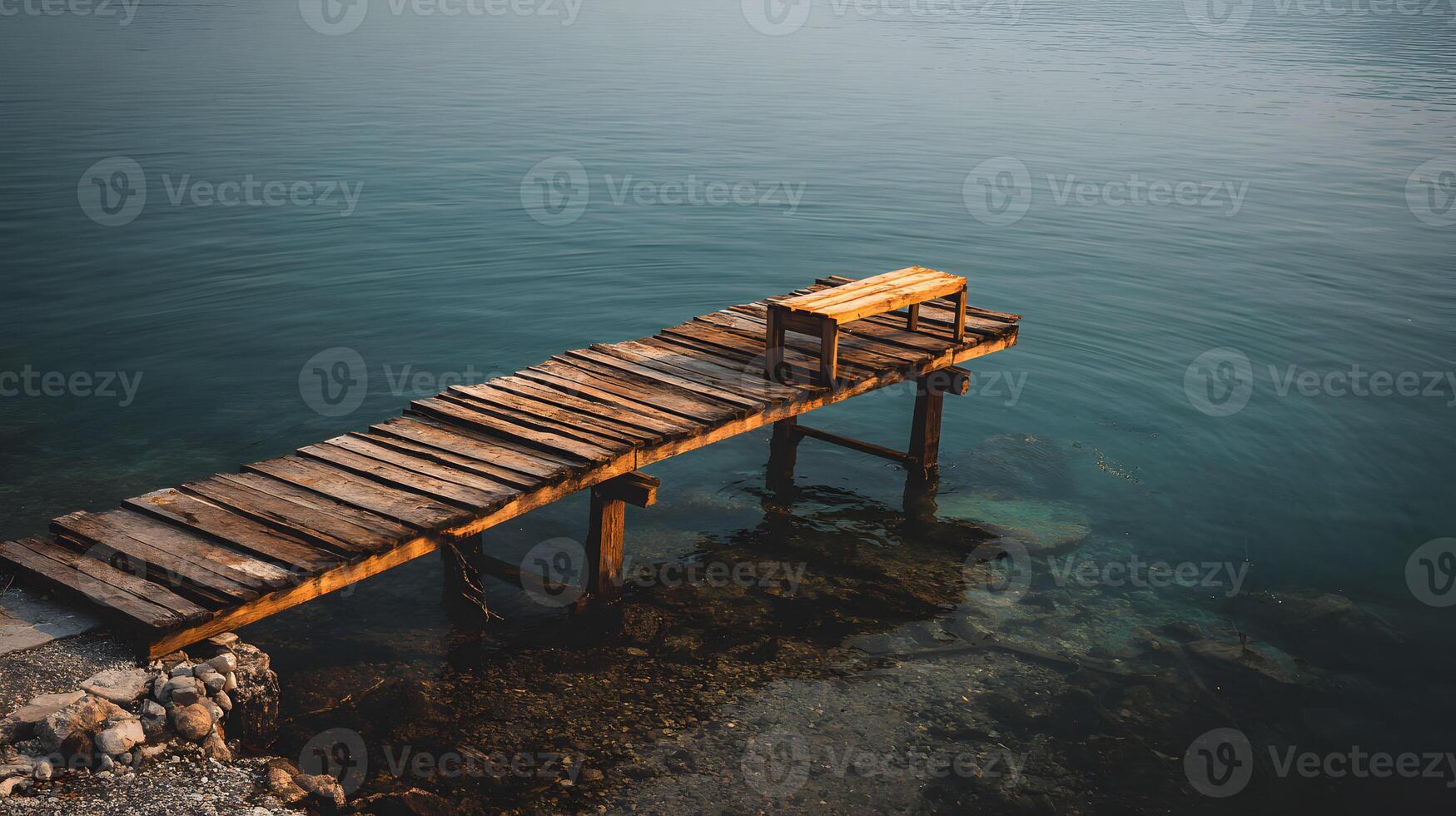 Wooden pier and bench on the calm ocean water providing a tranquil coastal scenery and landscape photo
