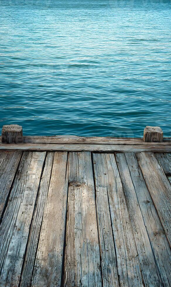 Seascape from rustic wooden dock reveals serene blue water inviting exploration and peaceful contemplation against the horizon line photo