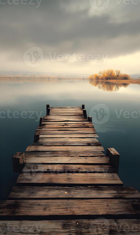 Rustic wooden pier stretching into the calm waters of a misty lake on a peaceful morning scape photo