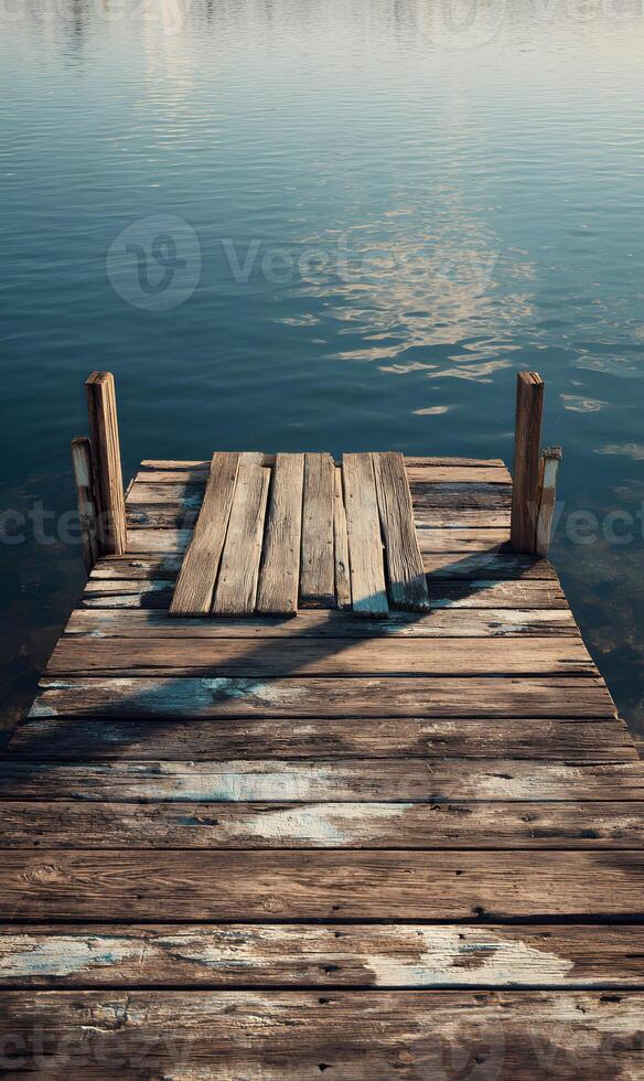 Wooden pier stretching into calm lake waters inviting peaceful contemplation and serene reflection of nature photo