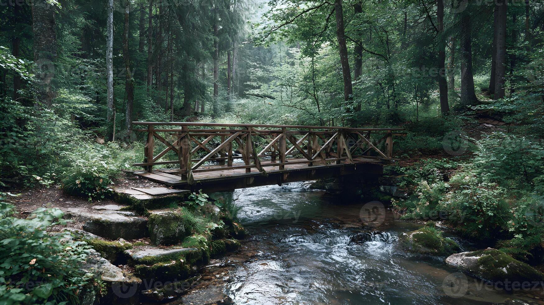 Wooden bridge crossing a stream in a dense forest creating a serene and peaceful woodland scenery photo