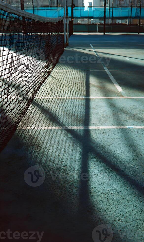 Padel court serenity captured in the interplay of shadows and sunlight highlighting the net texture photo