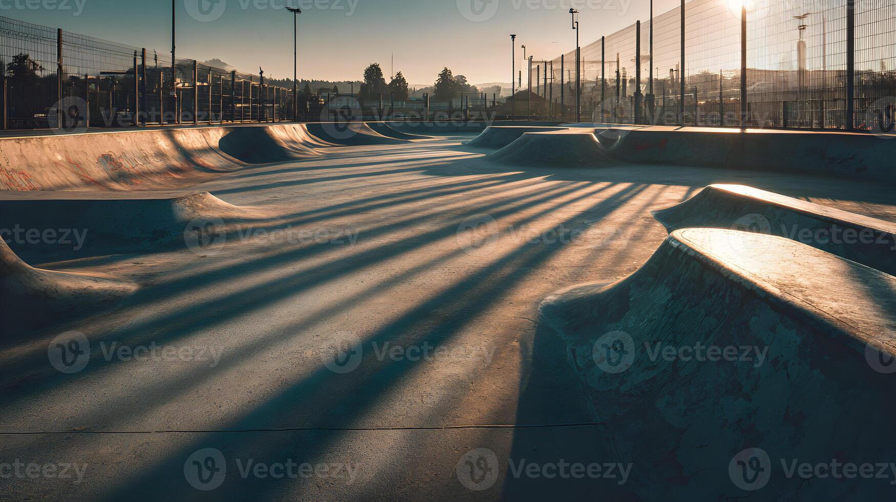 Urban playground awaits skaters and enthusiasts in this serene park with geometric forms and light play photo