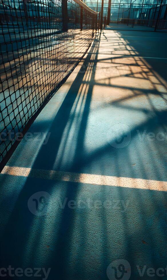 Sunlight filtering through netting creates dramatic shadows across a tennis court surface outdoors casting light patterns photo