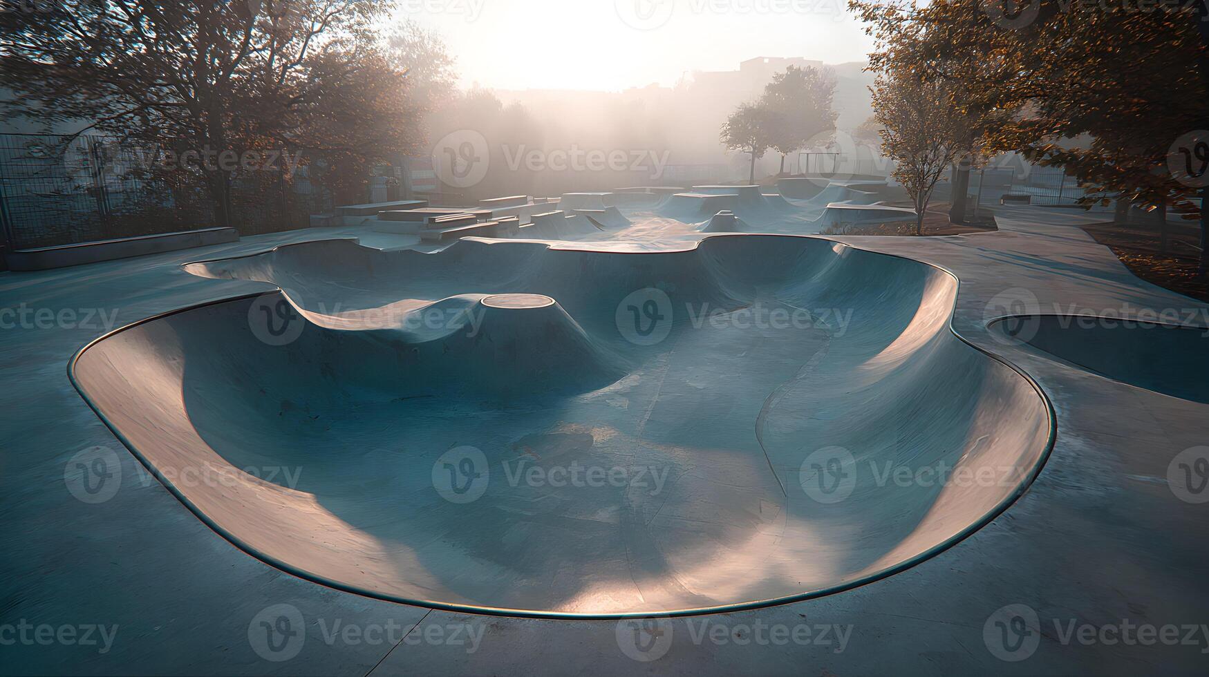 An empty skatepark basks in the early morning light creating a peaceful and serene atmosphere photo