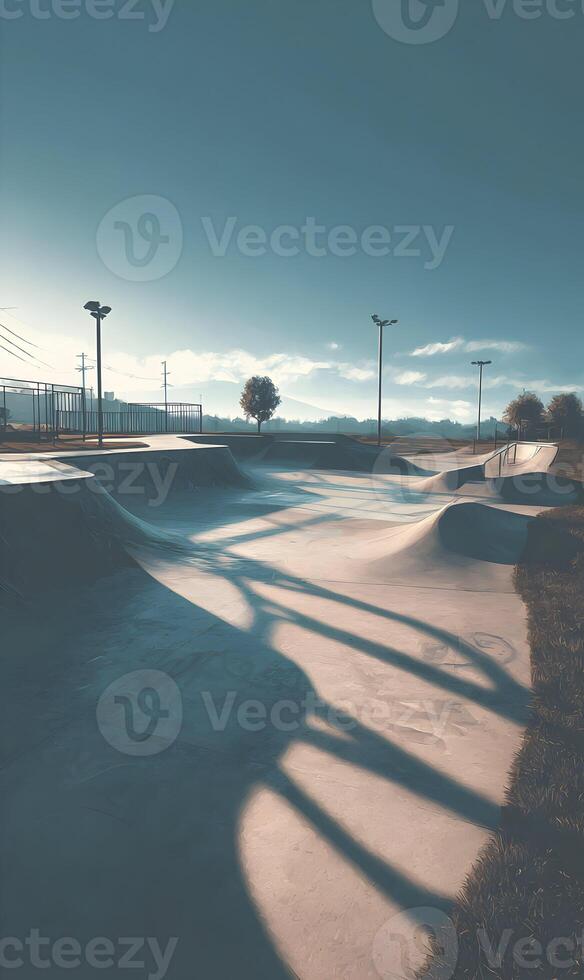 Sunlit skatepark curves and shadows creating a dreamy urban landscape for recreational activities during golden hour photo