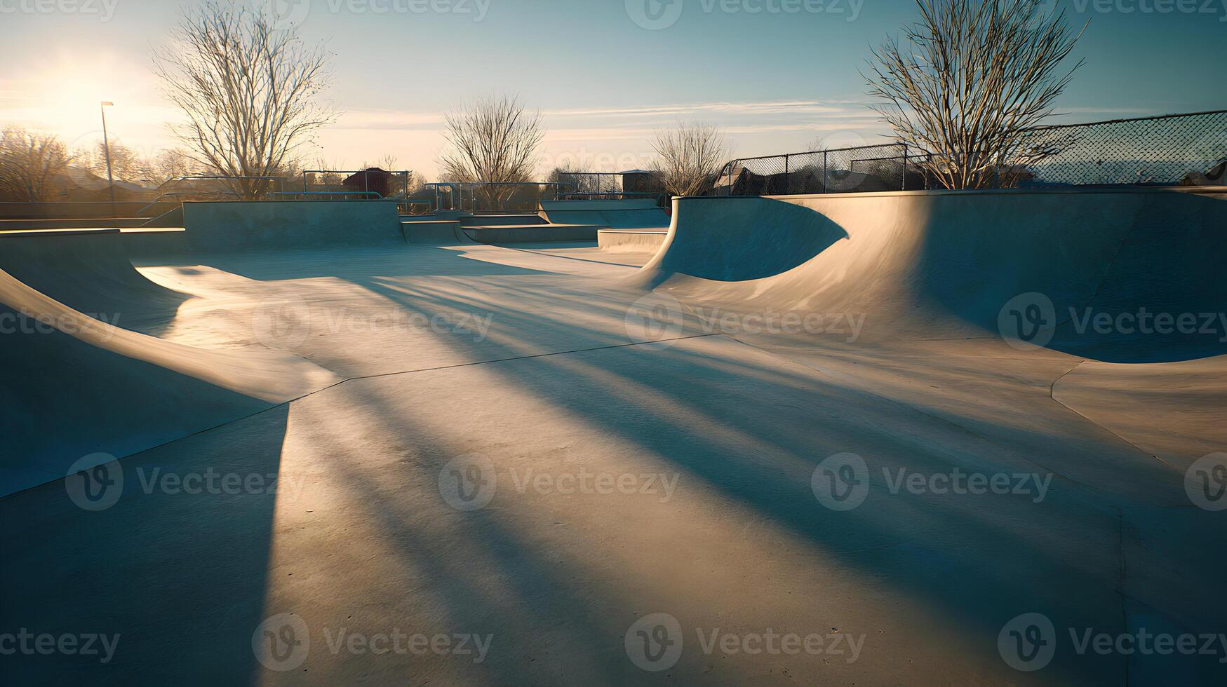 An urban landscape featuring an empty skatepark bathed in the warm glow of the setting sun, creating dramatic shadows photo