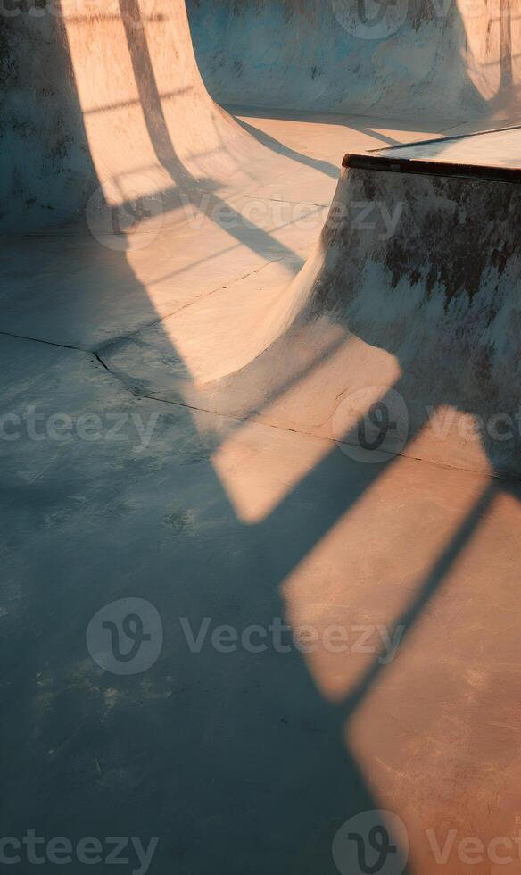 Urban skatepark architecture illuminated by sun creating geometric patterns enhancing raw beauty skateboarding culture photo