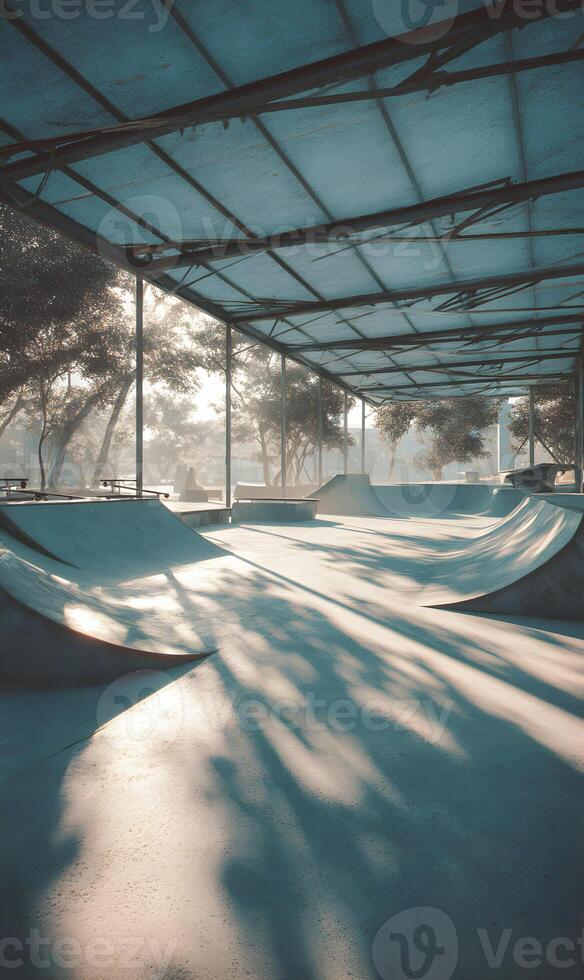 Sunlit urban skatepark inviting skaters to practice tricks and enjoy the outdoor recreation space with friends and family photo