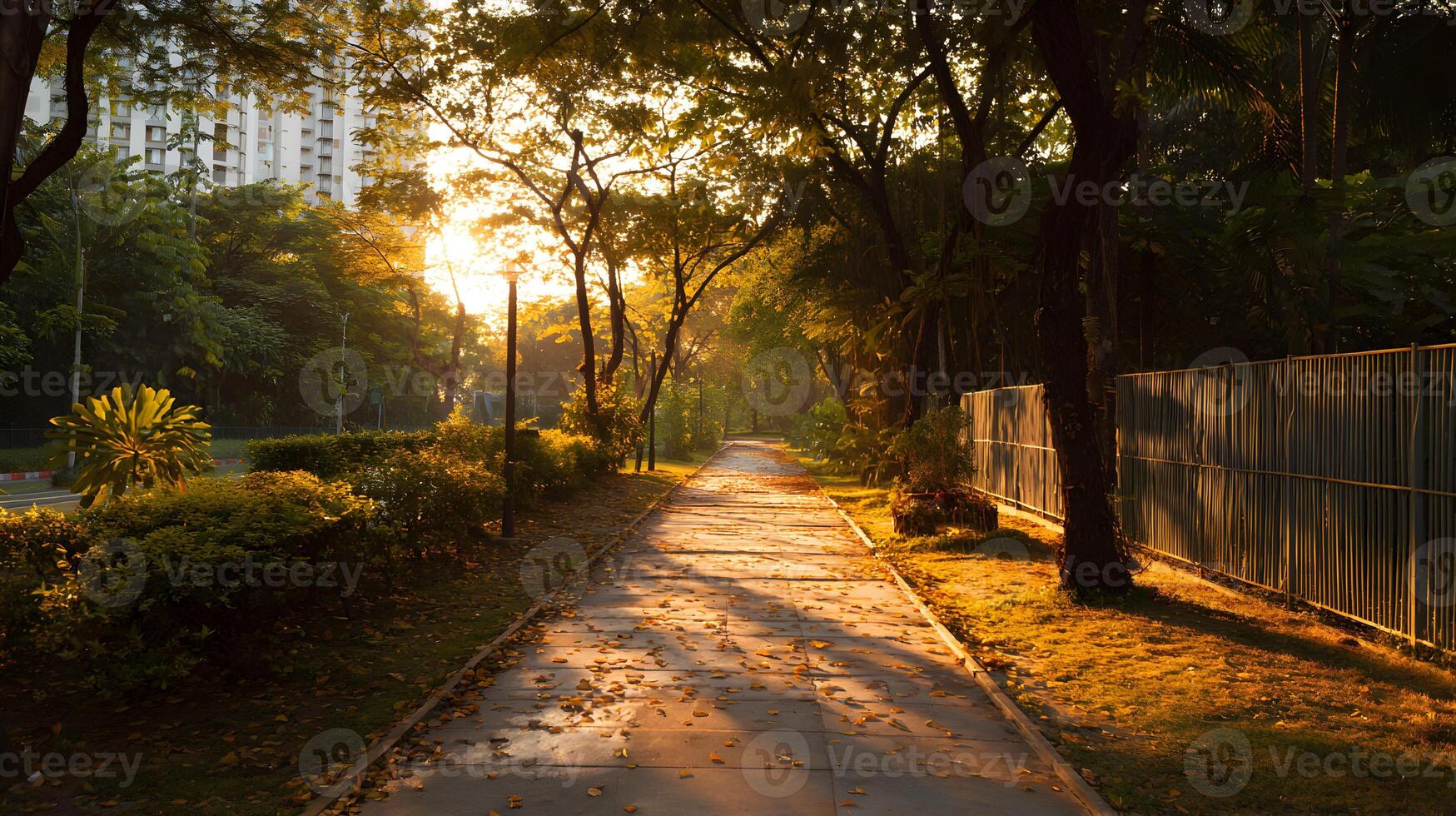 Golden hour paints a serene pathway lined with lush trees and greenery in an urban landscape photo