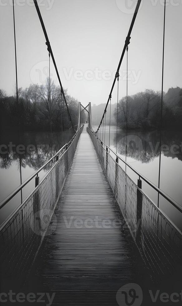Suspension bridge over tranquil waters evokes peace and reflection in monochrome timeless nature scenery photo