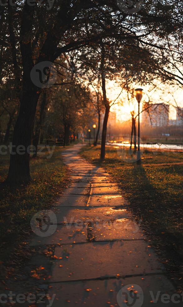 Golden hour paints a serene city park walkway with sunlight streaming through autumn foliage scenery landscape photo