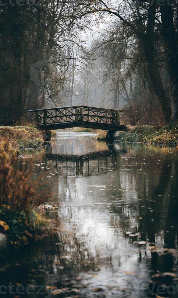 Ethereal bridge scene unfolds in tranquil woodland landscape with water reflections and moody atmosphere inviting exploration photo